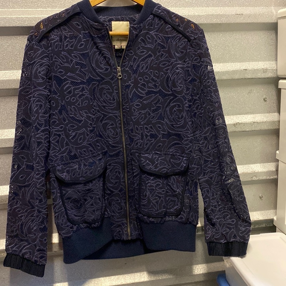 Anthropologie elevenses navy lace zip front bomber zip front blazer jacket